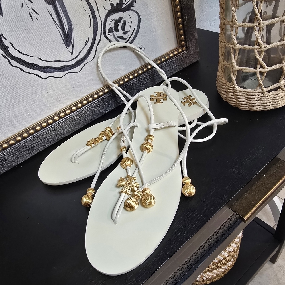 Tory Burch Capri Lace Up Logo Sandals with Gold Accents Size 10